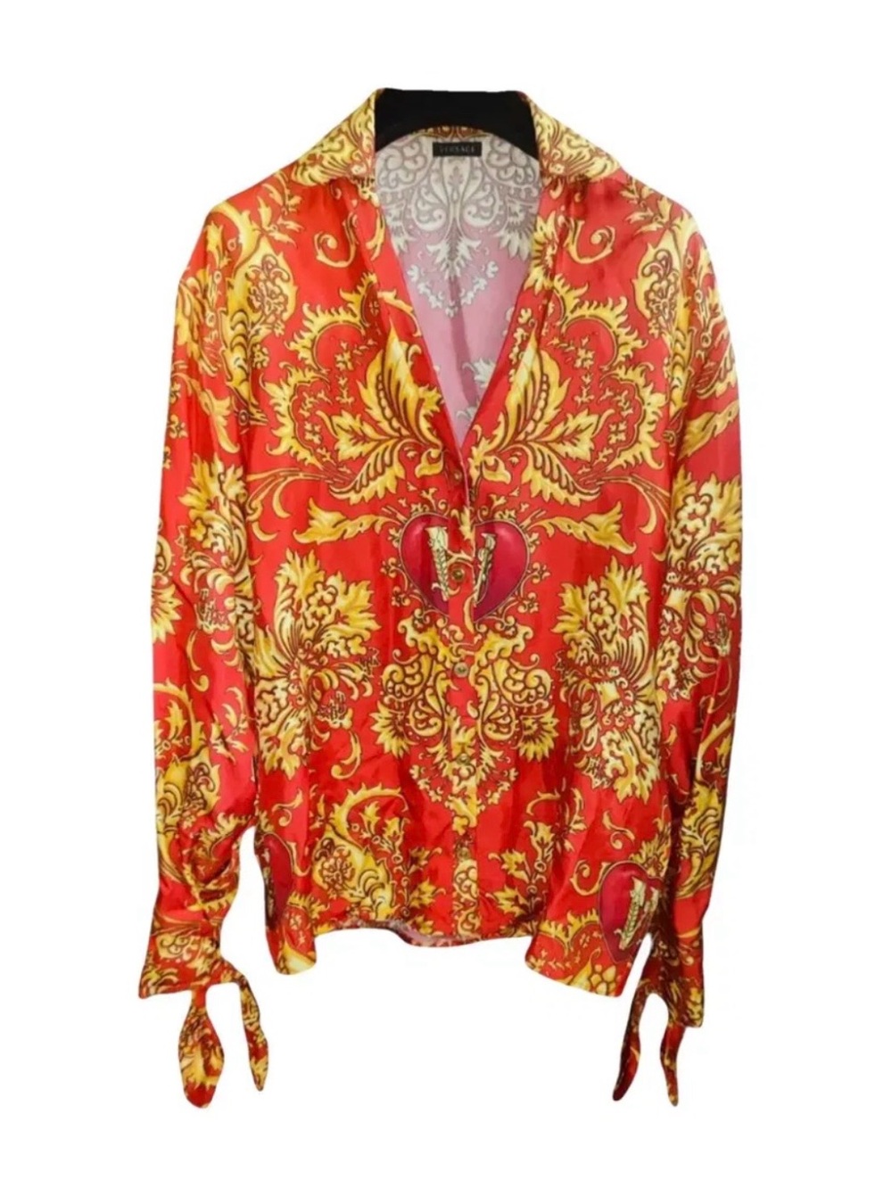 NWT,Versace Red Baroque Print Silk V-Neck Button-Up Blouse.Size 44/US10,Red/Gold
